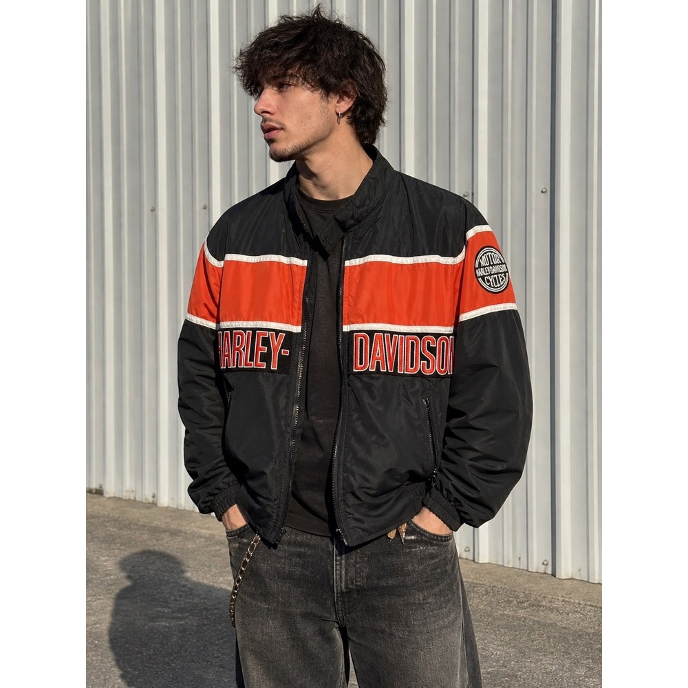 Vintage Harley Davidson Racing‎ Jacket USA Made Black Orange Logo Moto M